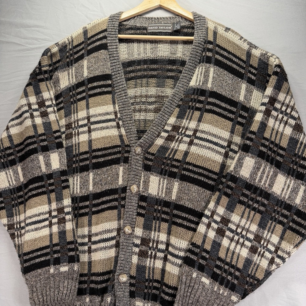 David Taylor Sweater Mens Medium Brown Grandpa Cardigan Knit Striped Geometric